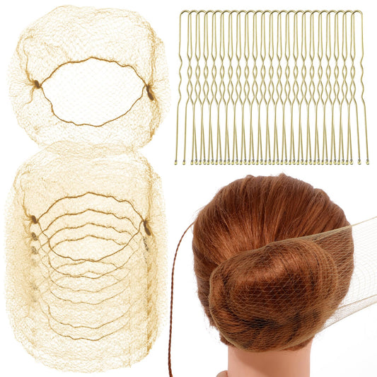 Giantree Hair Nets for Buns, 20 Pcs Invisible Hair Nets and 50 Pcs U Shaped Hair Pins Set, Ballet Bun Hair Net Hair Bun Pins for Women Ballet Dancer Dance Maker Food Service Workers(Gold)