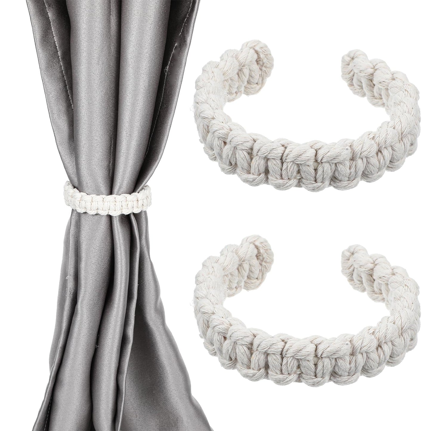 XLIUAX 2pcs Boho Curtain Tiebacks, Handmade Curtain Ties Braided Adjustable Curtain Rope Tiebacks Rustic Style Holdbacks for Light Sheer Curtains Home Office Outdoor Decorative(White)