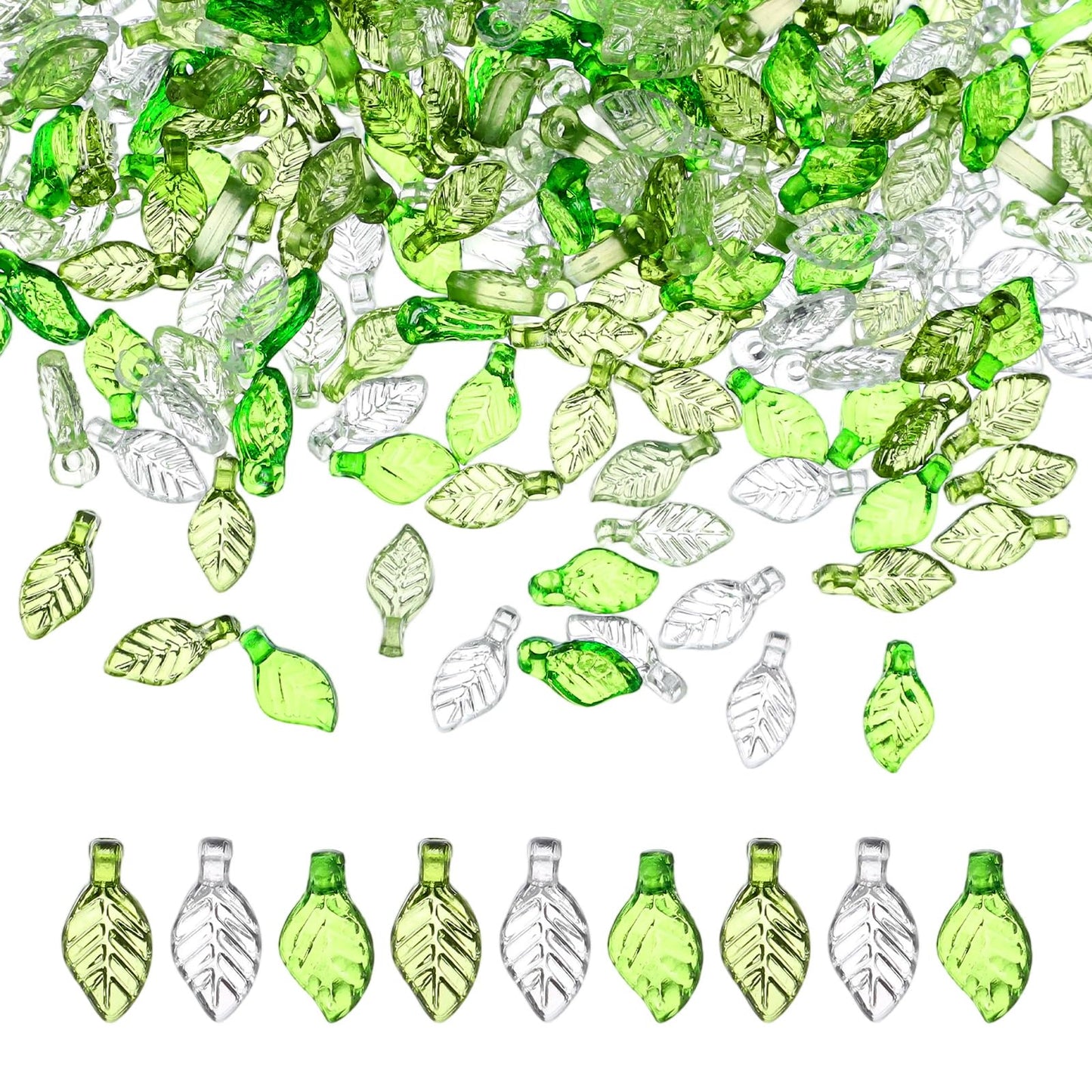 DOPENSPI 300 PCS Green Leaf Beads for Jewelry Making, Acrylic Translucent Plant Charms Bulk Set with Mixed Color for DIY Bracelets Necklaces Earrings Craft Embellishments