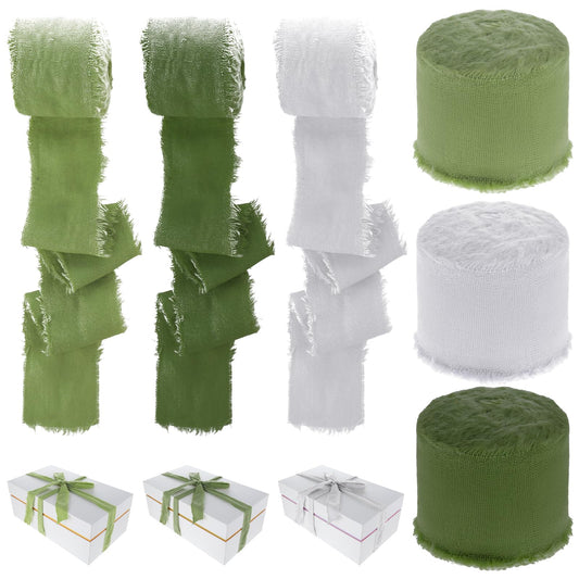 cobee 3 Rolls Cotton Linen Ribbons, 1.5" x 5 Yard Handmade Frayed Edges Fringe Ribbons Set Frayed Edges Ribbons Fabric Cloth Boho Ribbon for Gift Wrapping Wedding(Beige, Gray-Green, Khaki)