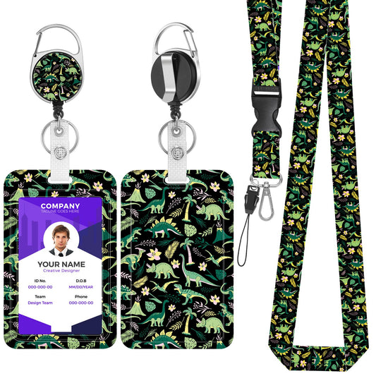 Giantree Cute Cartoon Dinosaur ID Card Holder with Strap, Retractable Lanyard with ID Card Holder Set Removable Neck Strap Neck Strap for Women Teachers Nurses Doctor Students