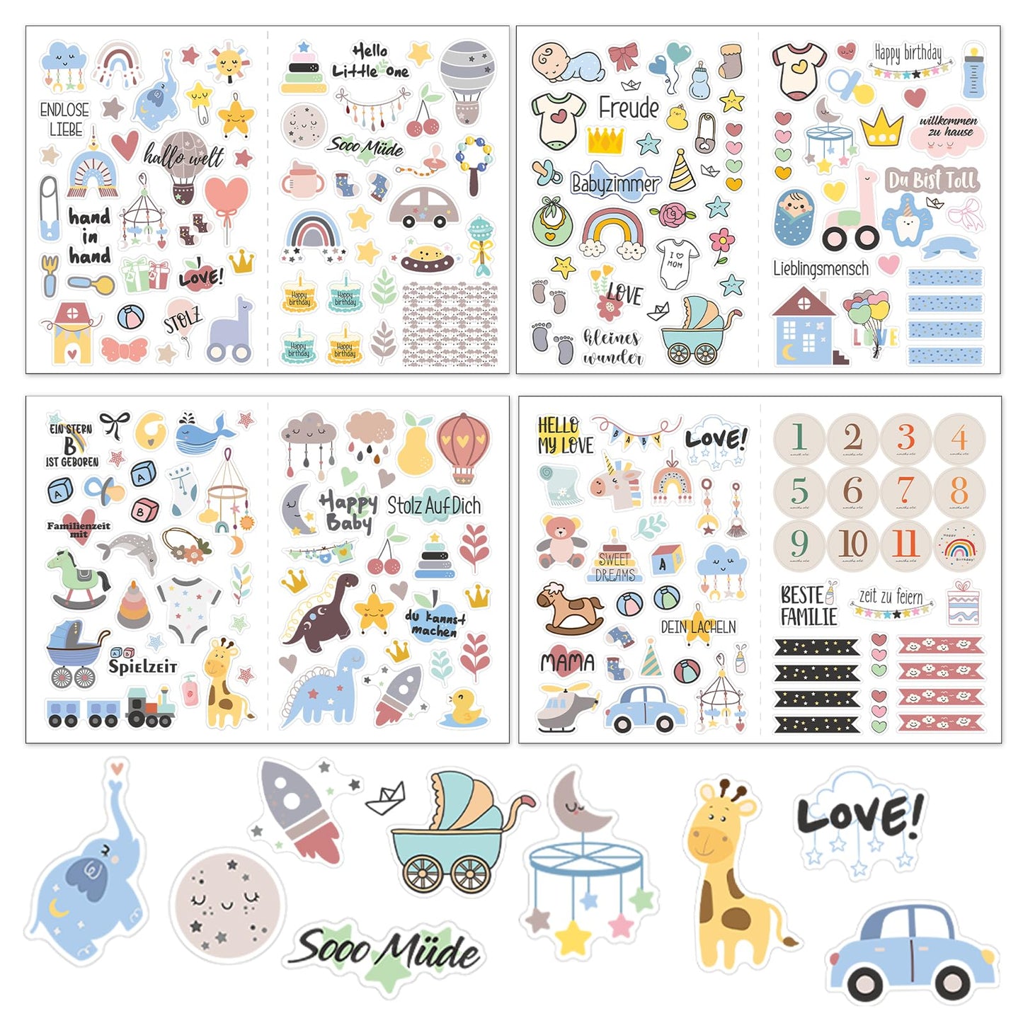GEEHUA 4 Sheets Baby Scrapbook Stickers, Baby Patterns Scrapbooking Stickers, Toddler Children and Baby Photo Aalbums Stickers Baby Girl Boy Stickers for Birthday Party Invitation Cards Kids Gift (A)