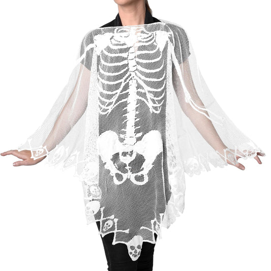JIEYAO Women's Halloween Lace Skeleton Poncho, Day of The Dead Sheer Poncho Halloween Costumes for Women Skeleton Cape
