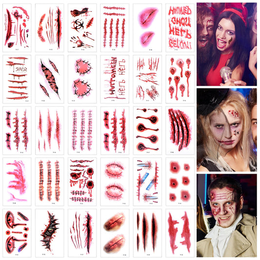 Amaxiu Halloween Temporary Tattoos, 30 Sheets Fake Wound Bloody Stitch Scars Scab Halloween Tattoos Stickers Waterproof Body Makeup Tattoo for Halloween Prank Cosplay Masquerade(Style-B)