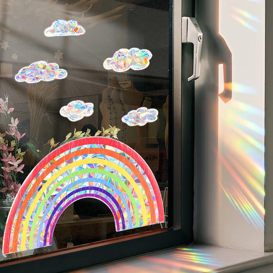 Amabro Rainbow Cloud Window Stickers, 6PCS Non-Adhesive Suncatchers Stickers Prism Vinyl Decals Anti Collision Window Clings for Birds for Home Decor Window Film Glass Panels