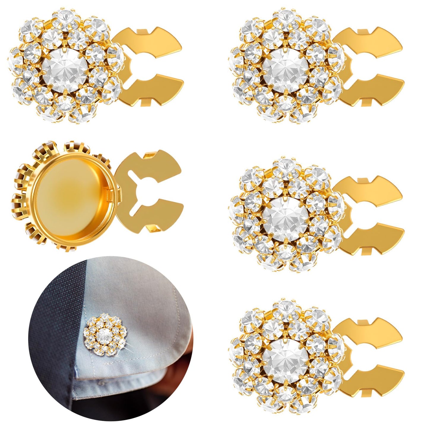 XLIUAX Pack of 5 Button Covers, Button Covers for Women Blouse, Removable Clip On Crystal Rhinestone Cover, No Sewing Buttons, Decorative for Clothes, Dresses, Crafts, Golden Embellishments