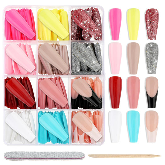 Andibro 288 Pcs Press on Nails Set, 12 Colors Full Cover False Long Fake Nails Kit Matte & Glitter False Nails Coffin Medium Length Nail Tips Sticker for Women Girls Nails Art Decoration(A)