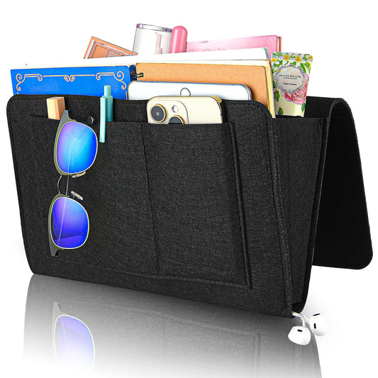 Andibro Felt Bedside Caddy, Bed Hanging Organizer for Bed Sofa, Bedside Pocket with 5 Pockets Felt Couch Caddy Bedside Storage Caddy for Books Tablet TV Remote Control(Black)