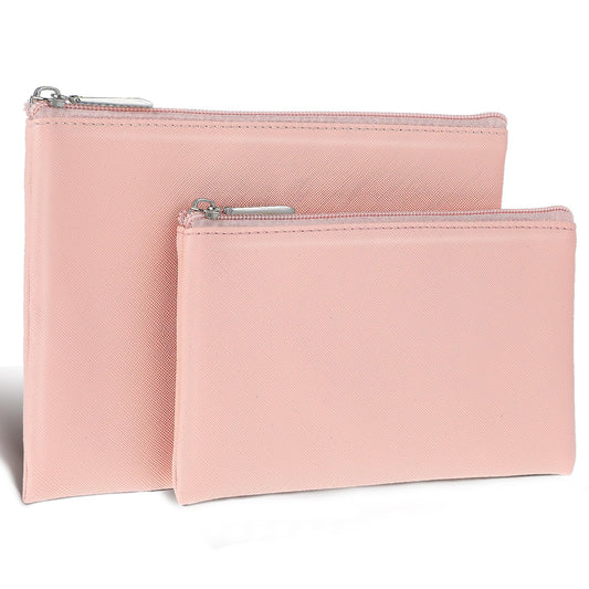 cobee 2 Pcs PU Leather Cosmetic Bags, Waterproof Large Travel Makeup Bag with Small Make Up Organizer Zipper Makeup Pouch for Purse Travel Toiletry Bag for Women Grils(Pink)
