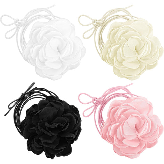 Giantree 4Pcs Flower Choker Necklace for Women Girls, Large Rose Flower Necklace Fashionable Retro Big Flower Collar Tie Necklace Women Neck Accessories for Prom Bridal Party