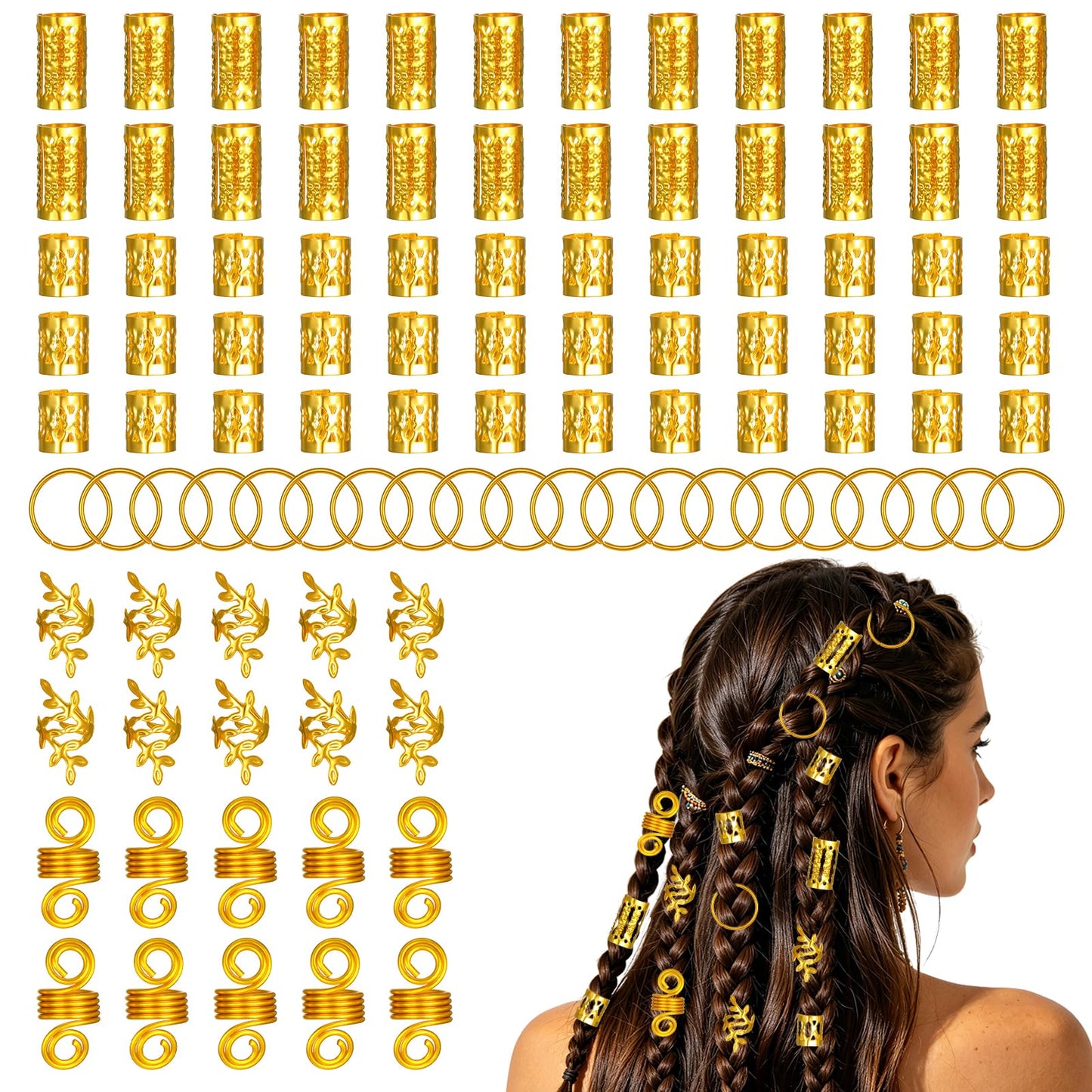 WJIAAA Pack of 100 Viking Hair Accessories, Silver, Dreadlocks Jewellery, Adjustable Hair Beads, Hair Spirals, Women, Men, Teenagers for Braids, Hair Accessories, Hair Rings Cuffs (Gold)