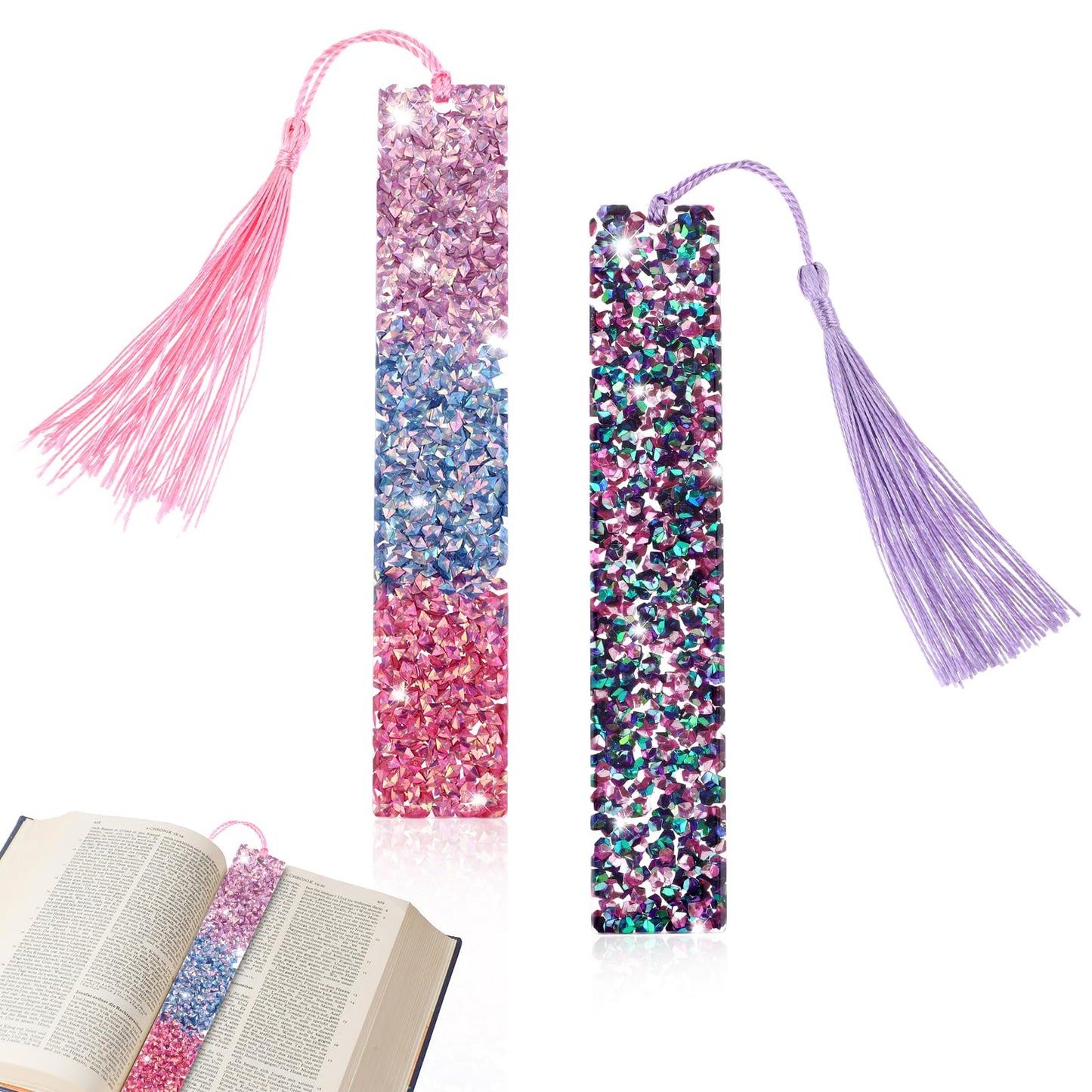 TIESOME 2 Pcs Rhinestones Art Bookmarks, Glitter Dimond Painting Bookmarks Resin Book Markers with Colorful Tassel for Birthday Christmas Thanksgiving Party Wedding Gifts