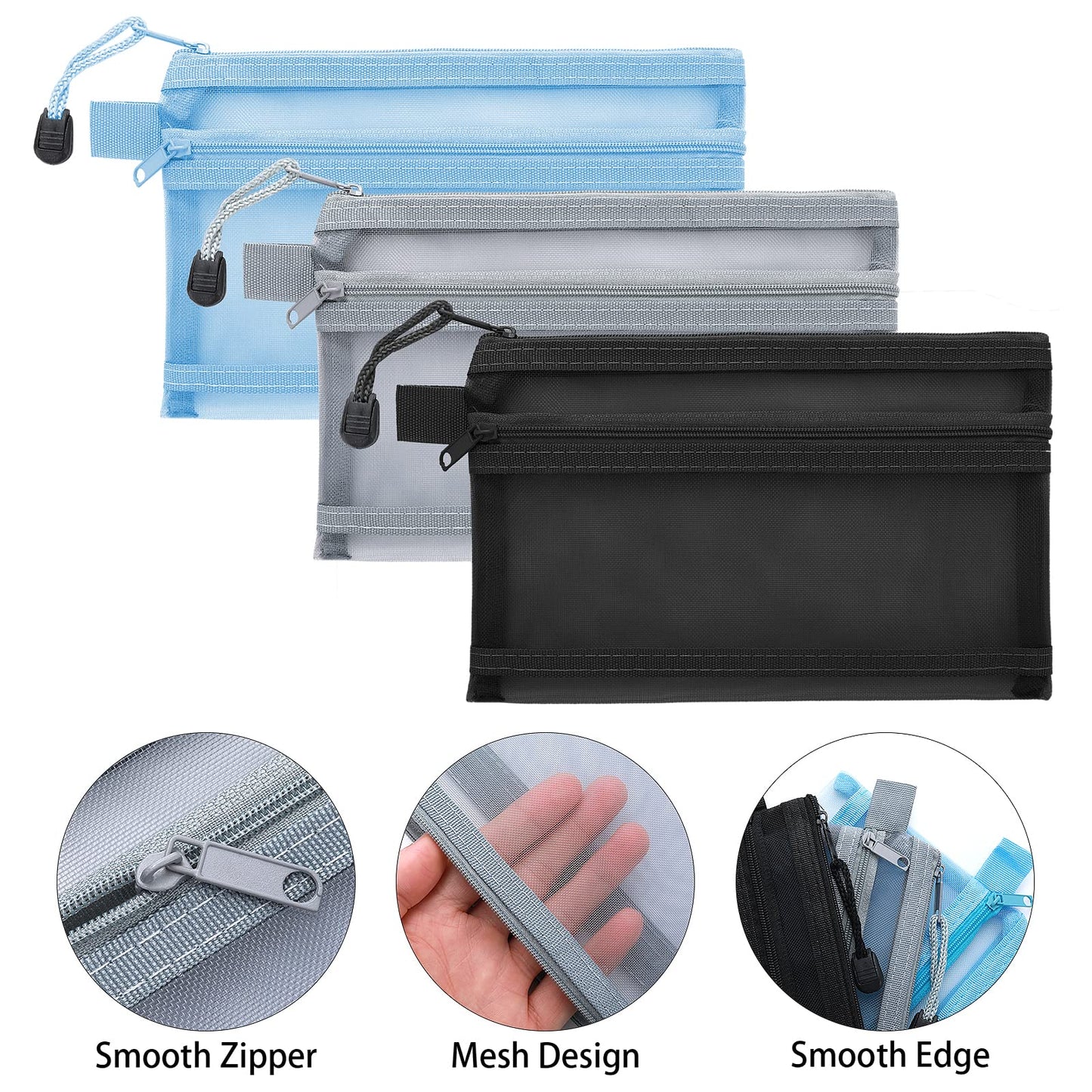 TIESOME 3Pcs Pencil Case, Double Layer Mesh Zipper Pencil Case Multifunctional Clear Pencil Case for Girls and Boys Portable Pencil Pouch for School Office Supplies