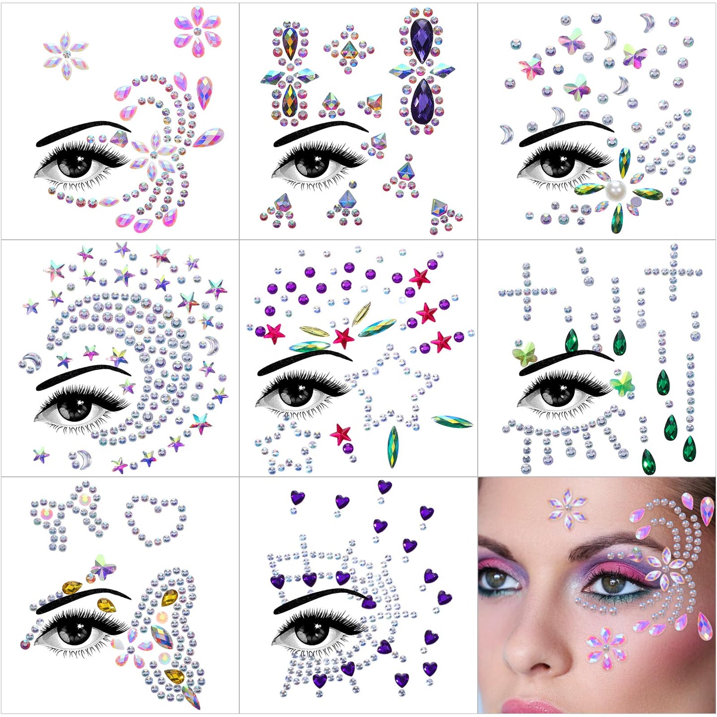 GEEHUA 8 Sheets Halloween Face Gems Glitter, Festival Face Jewels Stick On Self Adhesive Face Stickers Rhinestones Crystals Stickers Eyes Body Temporary Tattoos for Halloween Festival Carnival Party
