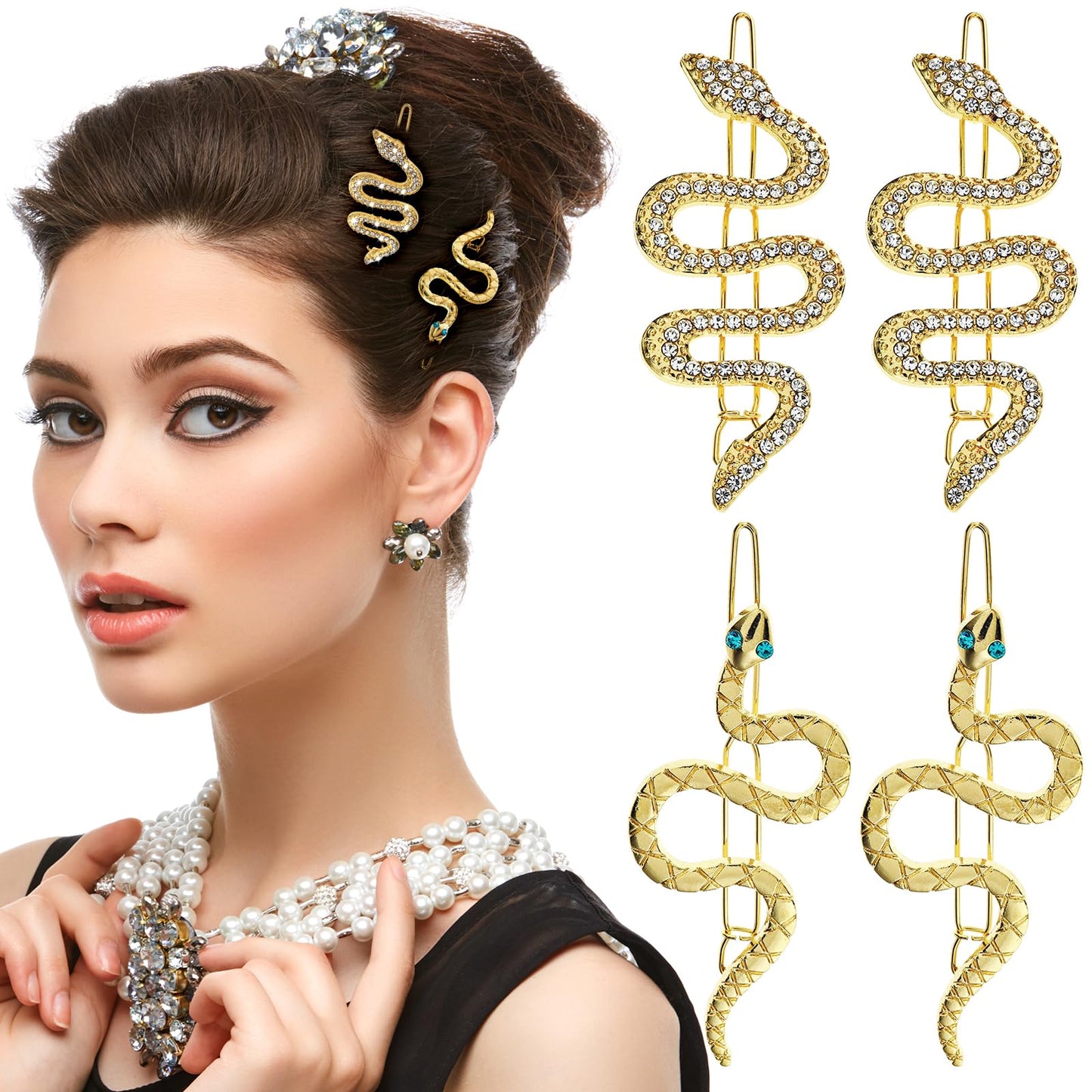 AOZUO 4 Pieces Hairpin Snake, Halloween Decorative Hairpin Snakes Hair Pins Rhinestone Snakes Hairpins Sparkling Crystal Hair Clips for Women and Girls
