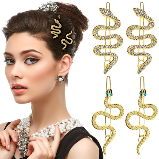 AOZUO 4 Pieces Hairpin Snake, Halloween Decorative Hairpin Snakes Hair Pins Rhinestone Snakes Hairpins Sparkling Crystal Hair Clips for Women and Girls