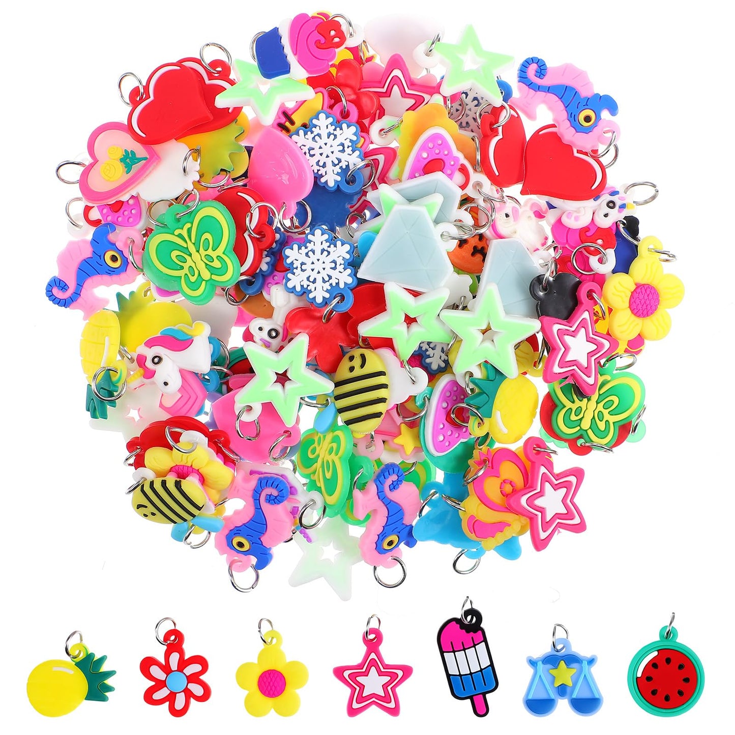 SULIKJHUI 100 Pcs Rubber Loom Band Charm, Silicone Charms for Bracelets, Silicone Bracelet Charms, Bracelet Pendant for Making, Pendant Bracelets Making, DIY Handmade Materials (Multiple Styles)