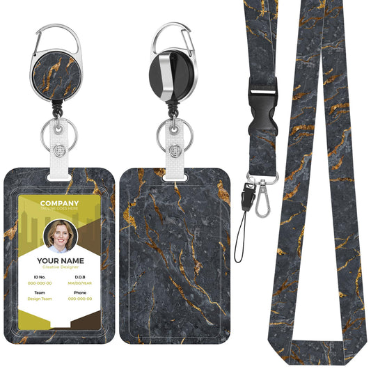 Amaxiu Marble ID Badge Holder with Detachable Lanyard and Retractable Reel, Name Tag Holder Holding 2 Cards Hard Credit Cards Protector Office Supplies (Black Gold Marble)