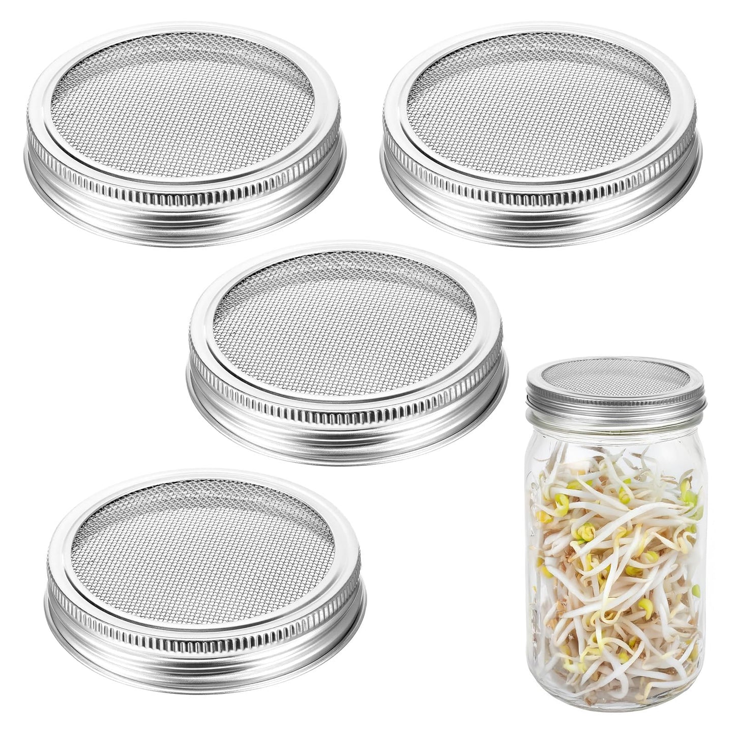 XLIUAX Pack of 4 304 Stainless Steel Sprout Jar Lid Kit, 86 mm Durability Ceiling Germination Jar for Excellent Ventilation Wide Neck Preserving Jars Seeds Sprouting Screen for Making