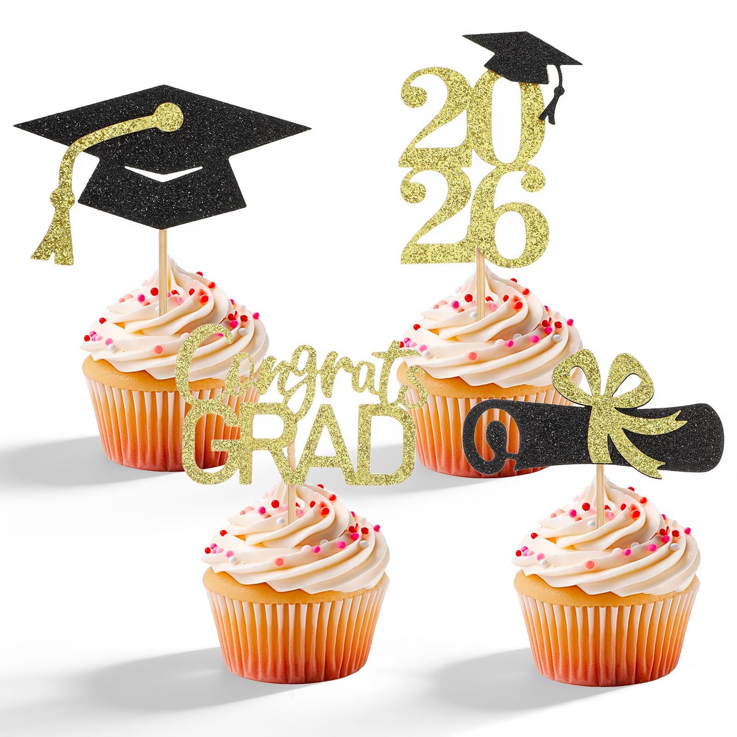WJIAAA Graduation Cupcake Toppers - Graduation Hat and Graduation Decoration - Gold and Black - 4 Designs for Cakes, Cakes and Muffins (Pack of 24)