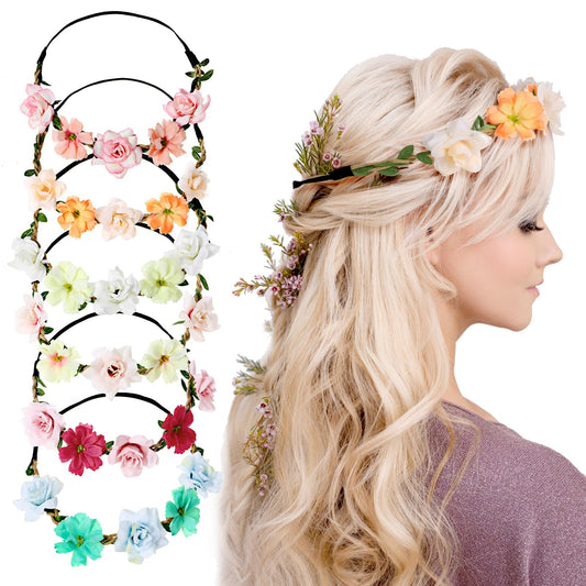 Andibro 6Pcs Flower Crown for Women Girls, Floral Headbands Elastic Ribbon Bridal Bridesmaid Fairy Headpiece Boho Flower Head Bands for Party Wedding Beach