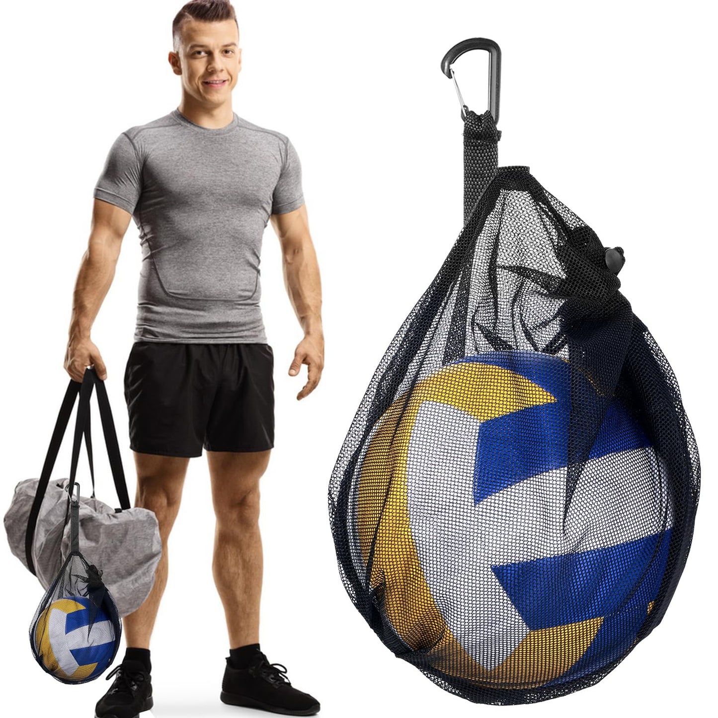 GEEHUA Single Ball Bag, Breathable Mesh Ball Storage Bag with Zipper Pocket, Sports Ball Drawstring Sling Net Carry Bag with Buckle Clip for Carrying Basketball Volley Ball Soccer Football Badminton