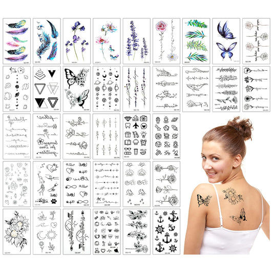 Amaxiu 36 Sheets Waterproof Temporary Tattoo Stickers, Black Realistic Temporary Tattoos for Women Men Adults Including Feather Floral Rose Elf Wings Butterfly Heart Universe on Arm Neck Face Shoulder