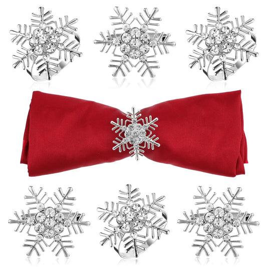 Andibro Christmas Snowflake Napkin Rings, 6Pcs Xmas Metal Rhinestone Serviette Ring Holder Buckle Santa Dinner Tables Setting Decorations Napkin Holder for Christmas Wedding Parties Table(A)