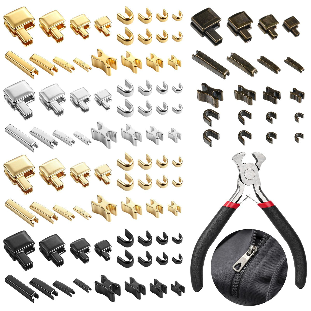 JJUNW Pack of 100 Zip Repair Set, Zip Replacement Zip Repair Kit with 1 Adjustable Metal Zippers Insertion Pin Kit for Jackets, Coats, Tents, Bags, Luggage
