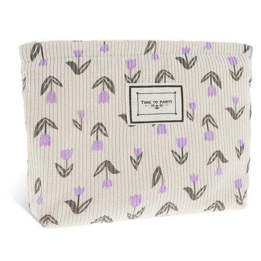 Giantree Travel Small Cosmetic Bag Tulip Printing, Corduroy Makeup Bag Portable Toiletry Bag with Zipper Storage Bag Makeup Organizer for Women Girls(lila Blume)