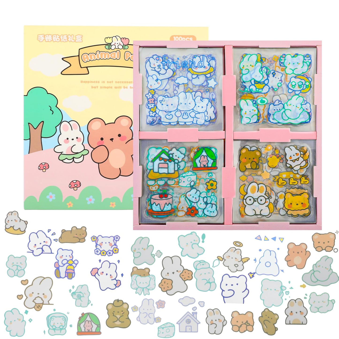 Amaxiu 100 Sheets Bear Stickers Kit for Girls, Over 400 Designs Cartoon Animal Decal Kawaii Cute Transparent Decorative Sticker for Scrapbook Planner Journals DIY Crafts