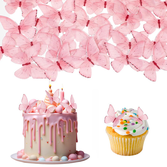 Giantree 48 Pcs Edible Butterflies for Cake Decorating, Edible Butterfly Cupcake Topper Edible Butterfly Cake Decorating for Wedding Birthday Anniversary Flower Themed Party Decorating(Pink)