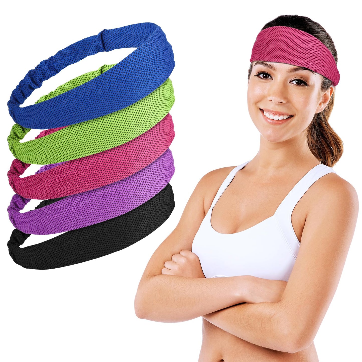 XLIUAX Pack of 5 Elastic Hair Bands, Wide, Quick-Drying, Cooling Headbands, Sweatband, Forehead, Moisture-Wicking Hair Band for Men and Women, Sports, Yoga, Running, Workout, Training