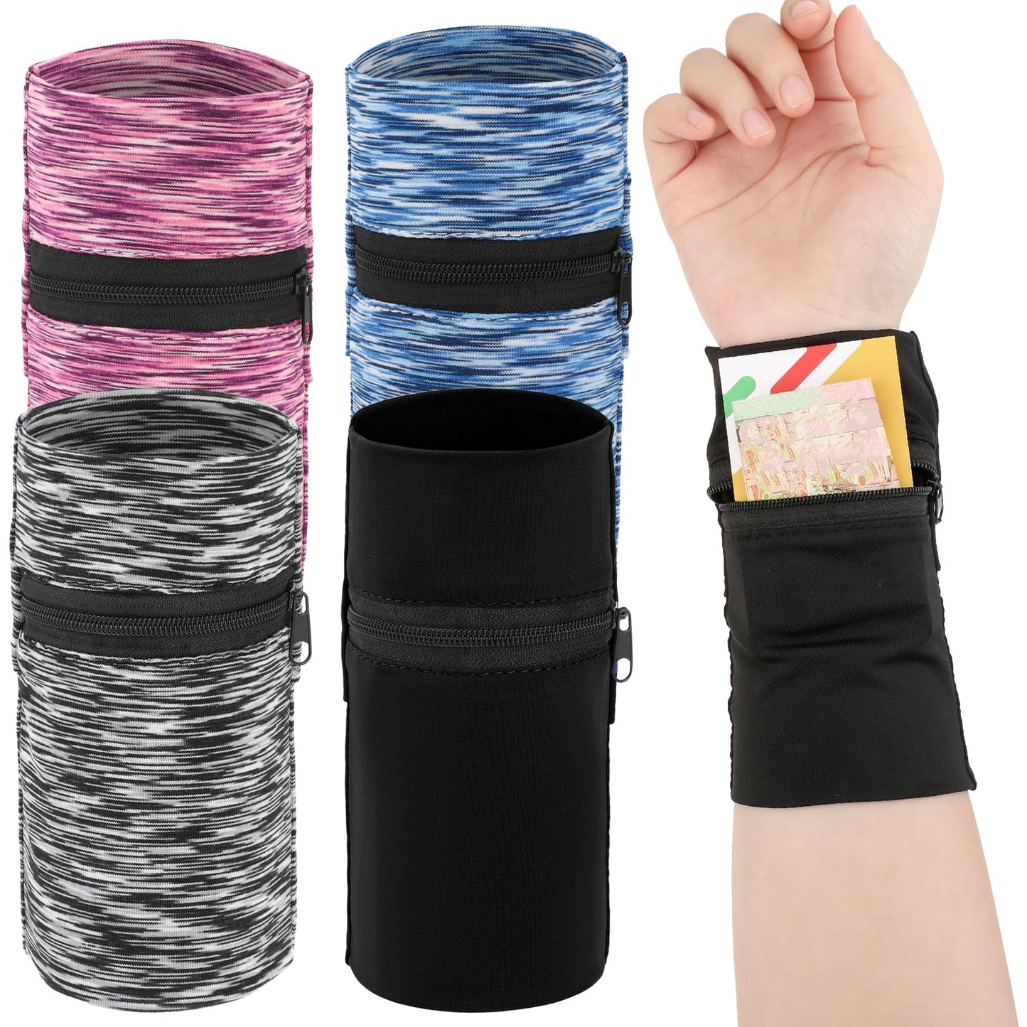 cobee 4 Pcs Wrist Wallet with Zipper, Pocket Wrist Wallet Zipper Wrist Pouch, Sweatband Wristband Wallet for Keys Cards Cash for Gym Sports Running Walking (Color B)