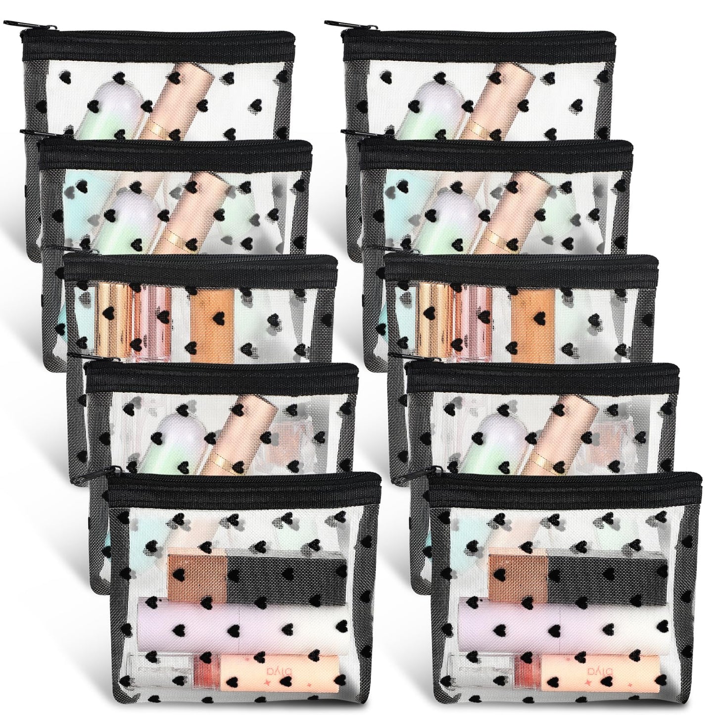 MBAIYO Pack of 10 Mini Mesh Bags with Zip, Small Nylon Mesh Cosmetic Bags, Make Up Bag, Mesh Toiletry Bag, Portable Storage Bag, Travel Organiser Accessories for Lipstick, Headphones, beige, Make Up