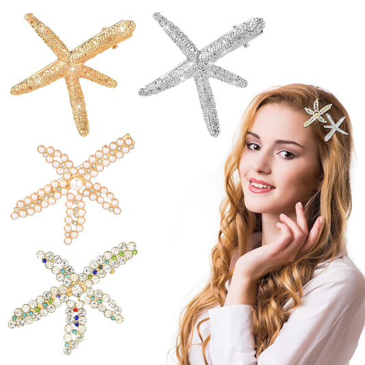 Amabro 4PCS Starfish Hair Clip, Crystal Starfish Barrette Pearl Sea Star Hair Pins Gold Silver Rhinestone Headpiece Wedding Hair Claw Seashell Beach Hair Accessories for Bride Women Girls