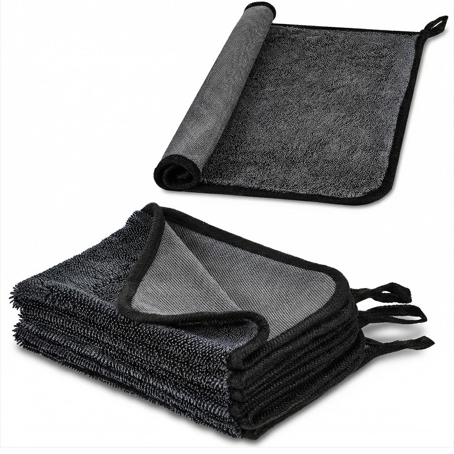 WJIAAA Dry Towel Shower 600 GSM, Pack of 3 Fast Dry Microfibre Cloths with Hooks, Car Microfibre Cloth, 30 x 40 cm, Black Microfibre Cleaning Cloth, Bathroom, Compact Tea Towel, Kitchen, Household