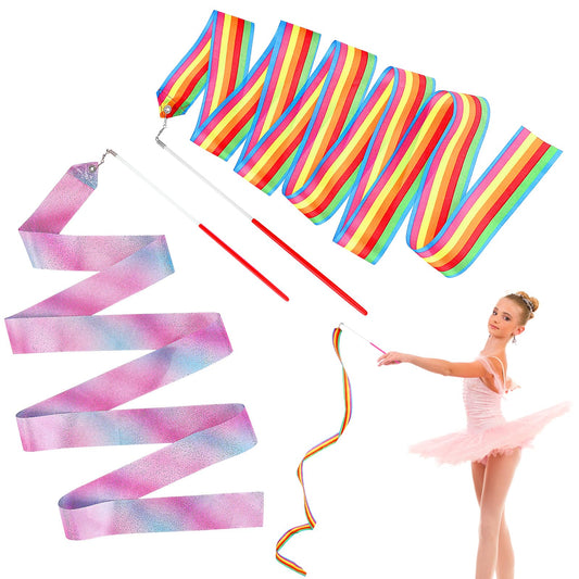 Amaxiu 2Pcs Gymnastics Dance Ribbon, 200cm Sparkling Ribbons Rainbow Ribbon with Wand Rhythmic Ribbon Streamers for Kids Girls Adults Artistic Dancing Training