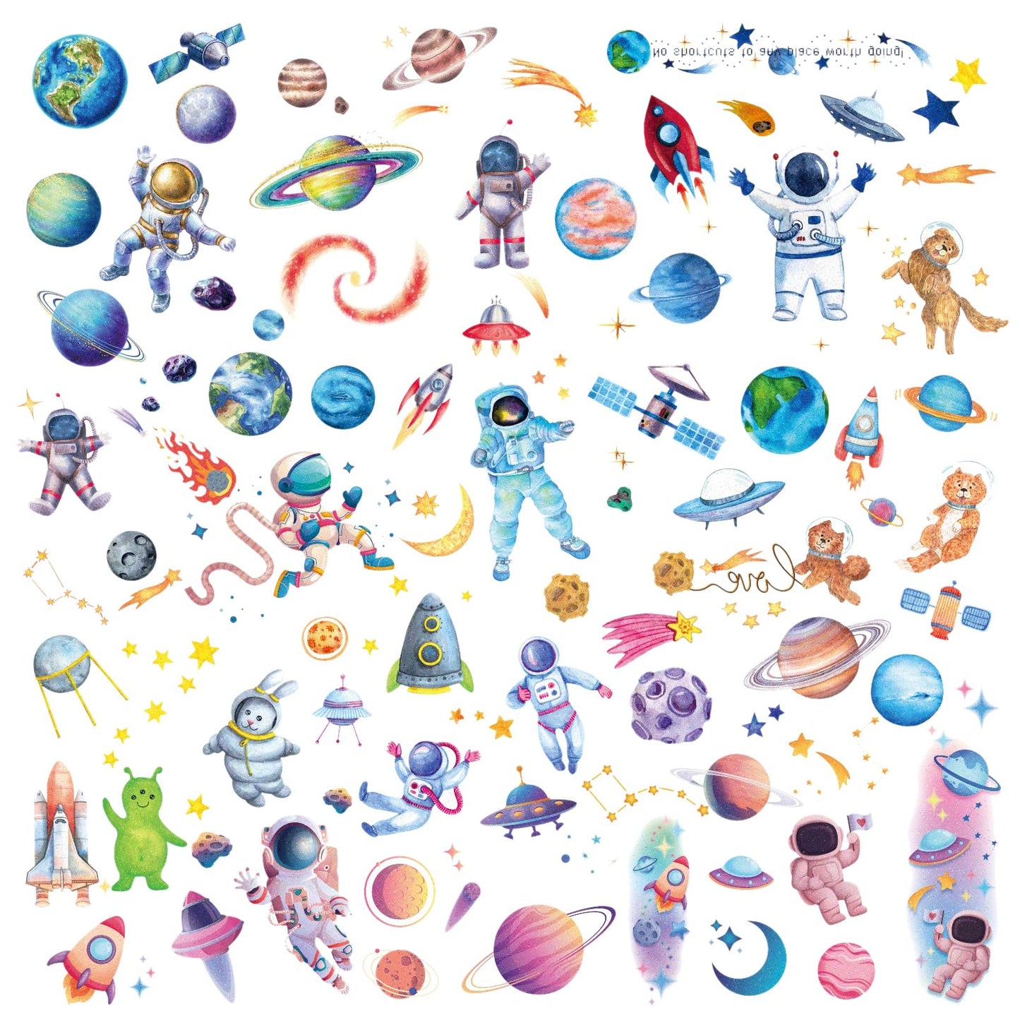 Amaxiu 12 Sheets Glitter Space Temporary Tattoo for Kids, Astronauts Planet Fake Tattoos Stickers Bling Cute Rocketship Tattoo Water Transfer Tattoo Face Arm Body Sticker for Children Boys Party Favor