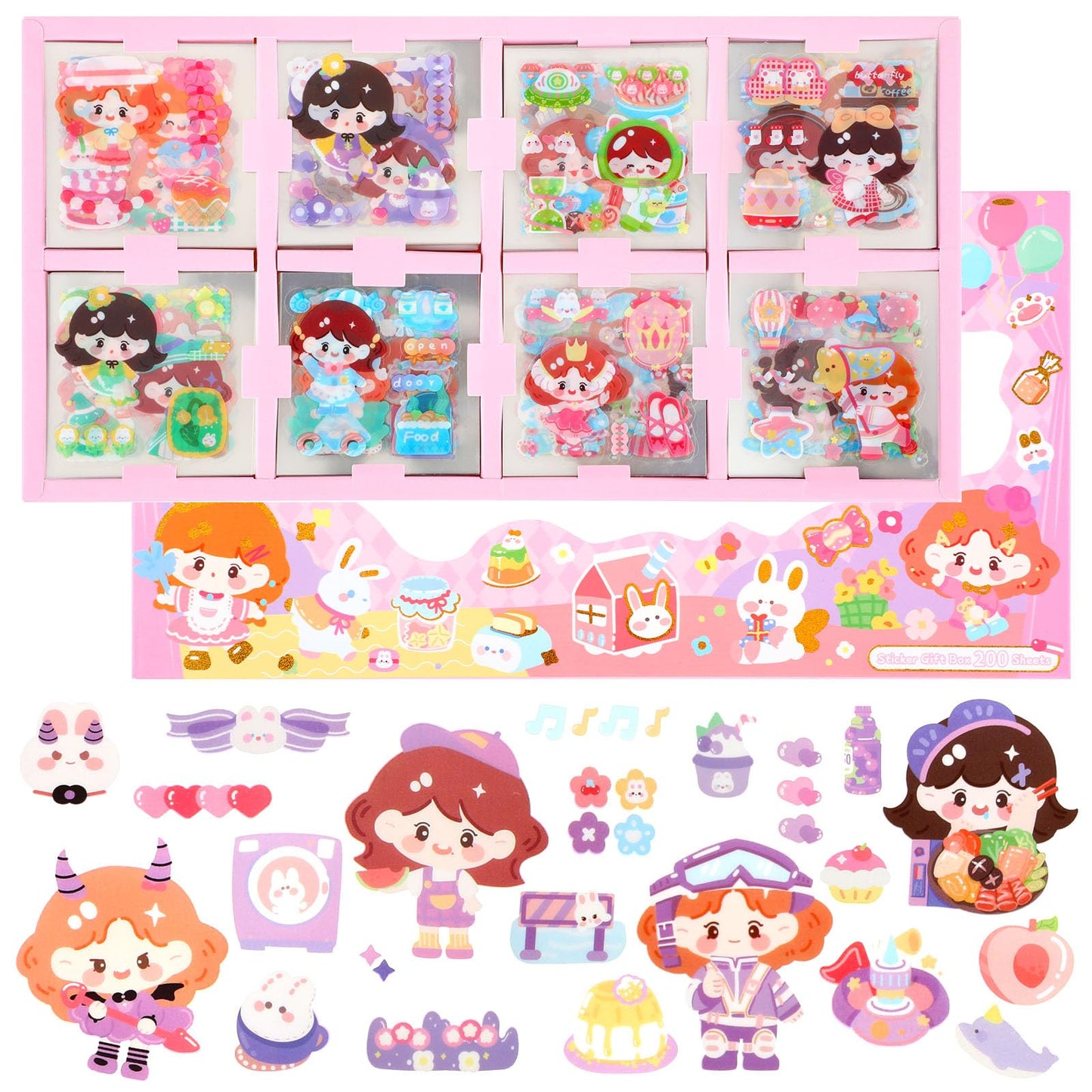 Giantree 200Pcs Tea Party Cute Stickers for Cute Girls, Kawaii Stickers Waterproof Vinyl Transparent Stickers Sweet Girl Gifts Stickers for Kids Teens Water Bottle Notebook Laptop Scrapbook Journaling