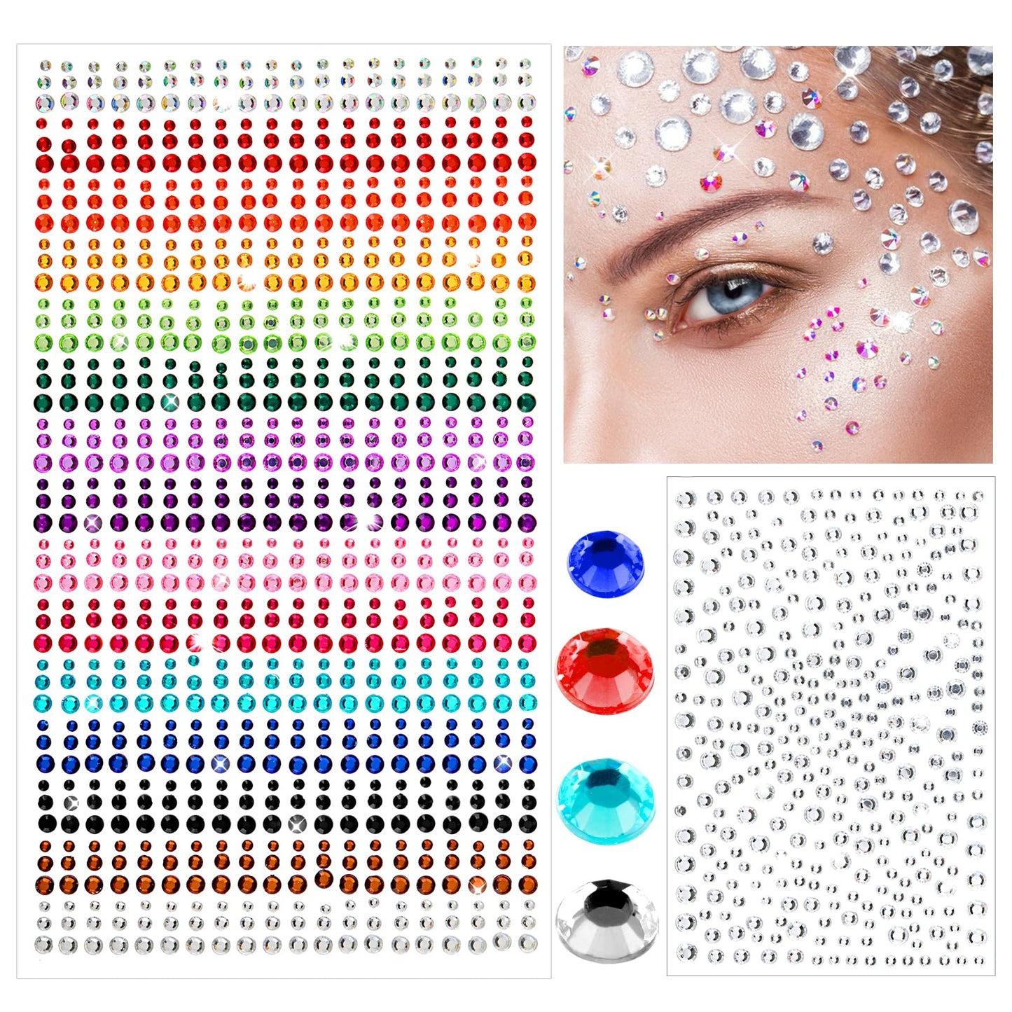 TIESOME 1250 PCS Face Gems, 15 Colors Self Adhesive Rhinestone Stickers Festival Face Jewels Stickers Face Rhinestones for Makeup Makeup Diamonds Stick on Face Gem for Hair Eye Makeup Nails Body