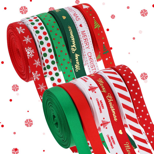 Bewudy 12 Rolls Christmas Ribbons for Gift Wrapping, 60 Yards Christmas Printed Grosgrain Ribbon for Xmas Gift Wrapping, Hair Bows Making, DIY Craft Sewing Winter Holiday Decorations