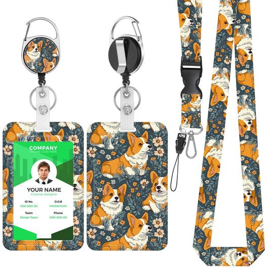 Giantree Cute Corgi ID Card Holder with Strap, Retractable Lanyard with ID Card Holder Set Removable Neck Strap Neck Strap for Women Teachers Nurses Doctor Students