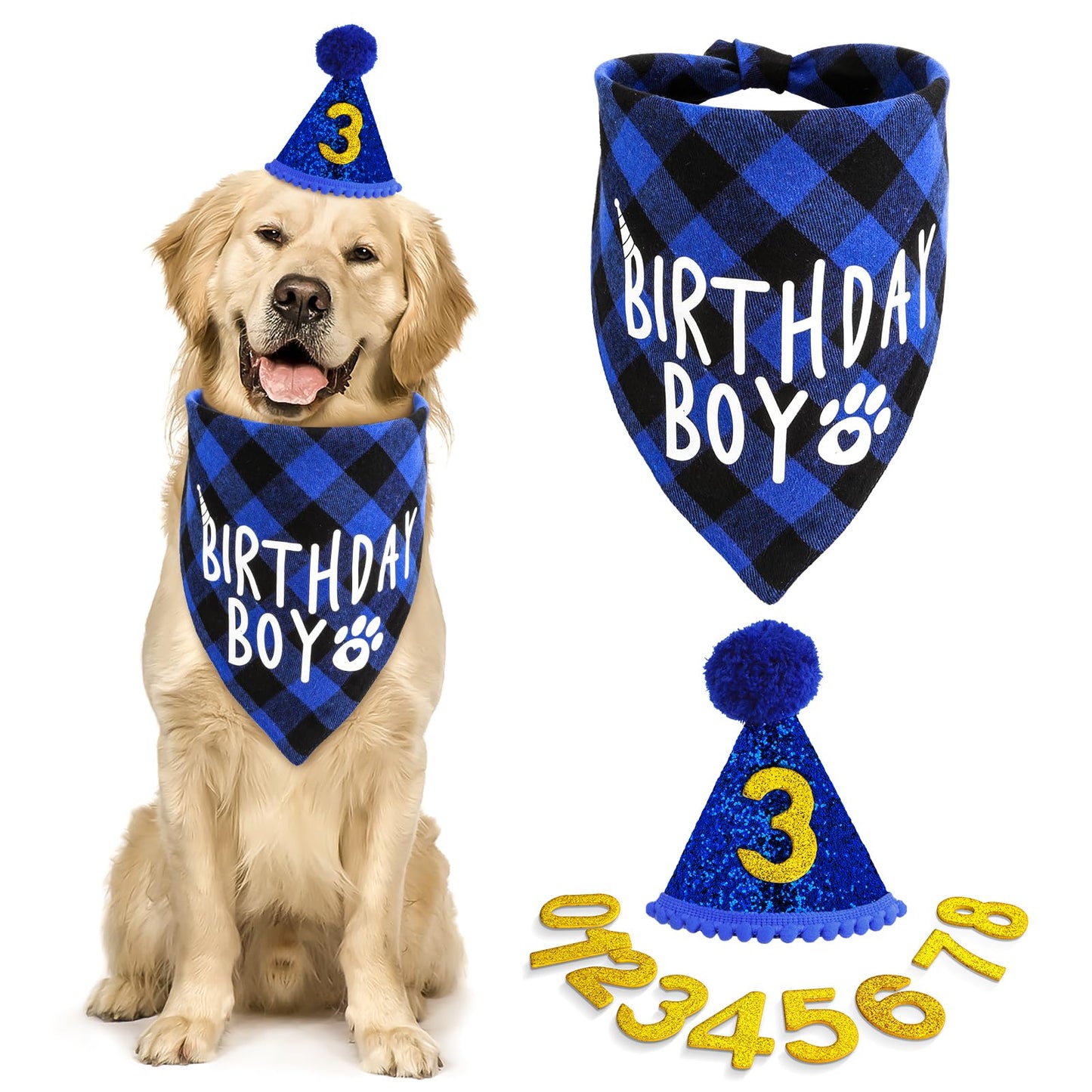 Amaxiu Dog Birthday Party Set, Boy Dog Birthday Bandana Hat with 8 Bling Number Pet Happy Birthday Supplies Glitter Hat Plaid Bandana for Small Medium Large Dogs (Blue)