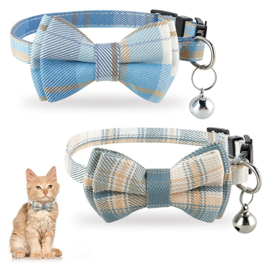 Jeffdad 2Pcs Cat Collar Breakaway, Cat Collar with Bells Bowtie Plaid Cat Collar Adjustable 7.5-12.5 Inch for Kitten Puppy and Small Pets (Blue and white plaid)