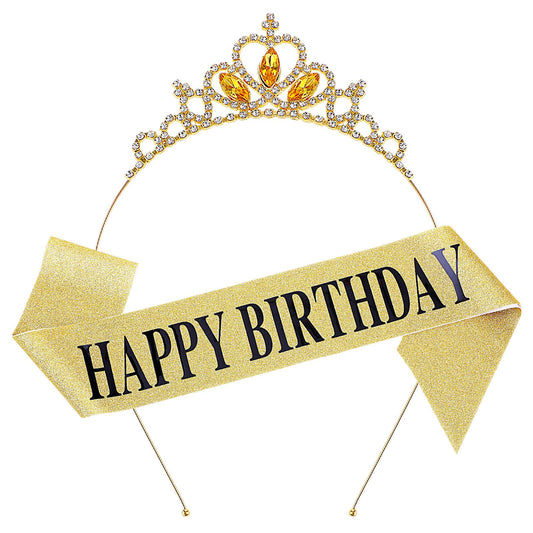 Andibro HAPPY BIRTHDAY Sash & Rhinestone Tiara Set, Glitter Rhinestone Headband Crystal Princess Birthday Tiara Elegant Shiny Birthday Decoration Kit for Girls Women Birthday Party Supplies(Gold)