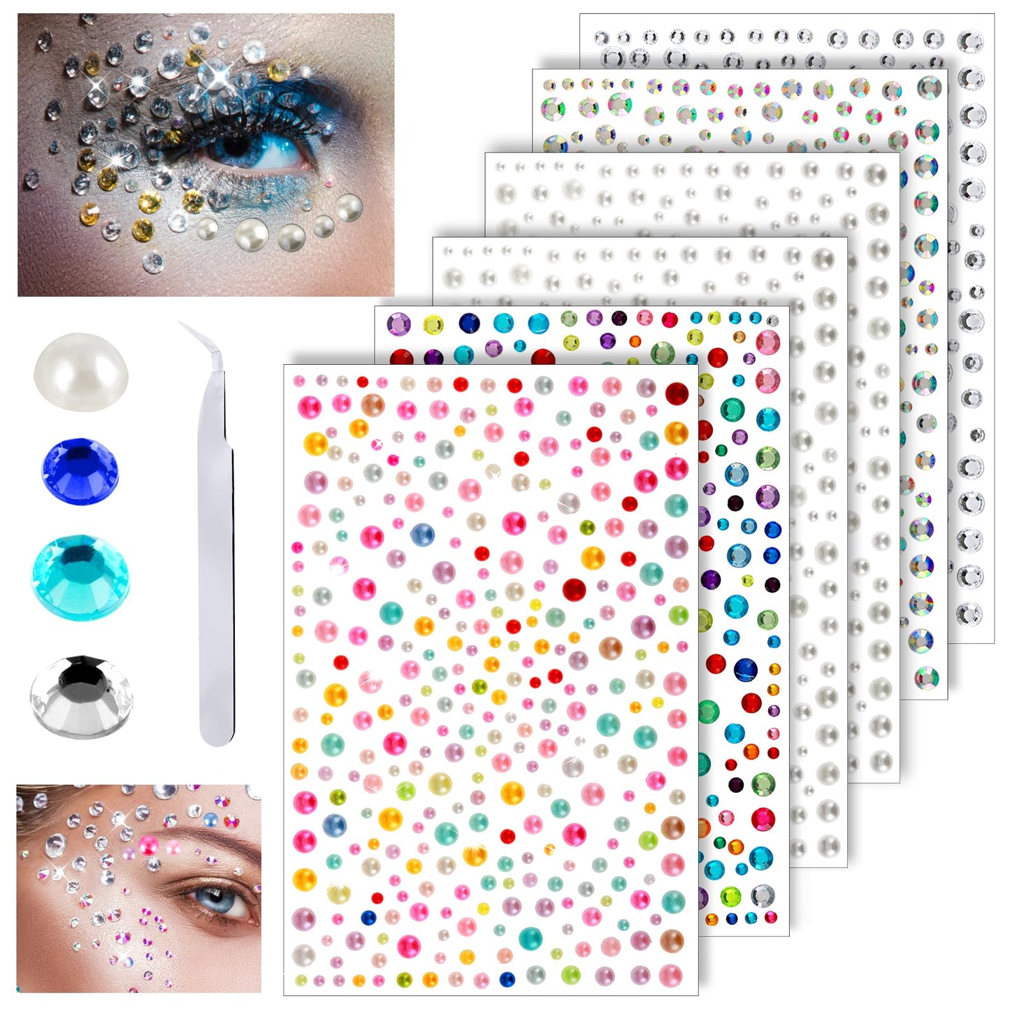 Andibro Face Gem Stick On, Face Jewels for Women, Rhinestones Hair Decorations for Makeup Self Adhesive Gems Stickers Crystals Festival Face Decals for Face Hair Body Eye 1 Tweezers Included, 6 Sheets
