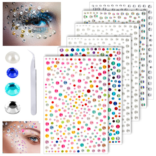 Andibro Face Gem Stick On, Face Jewels for Women, Rhinestones Hair Decorations for Makeup Self Adhesive Gems Stickers Crystals Festival Face Decals for Face Hair Body Eye 1 Tweezers Included, 6 Sheets