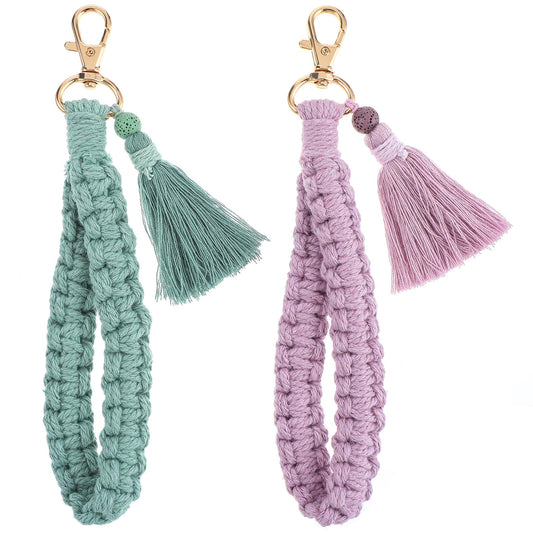 AOZUO Pack of 2 Macrame Keychains Boho Style Braided Bracelet Handmade Tassel Keychain for Women, Purple Green, 1