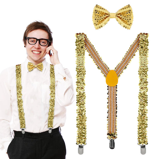 HJZHII Mens Glitter Bow Tie,Mens Glitter Suit,Sequins Bow Tie Suspenders Flashing Costumes Accessories Shiny Sequins Suspenders, gold, One size